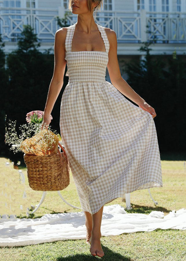 Plaid Backless Lace Up Cotton Long Dresses Sleeveless