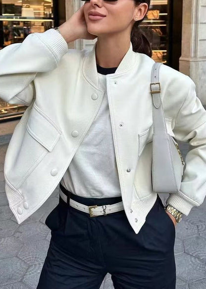 Navy Stand Collar Pockets Cotton Jacket Fall