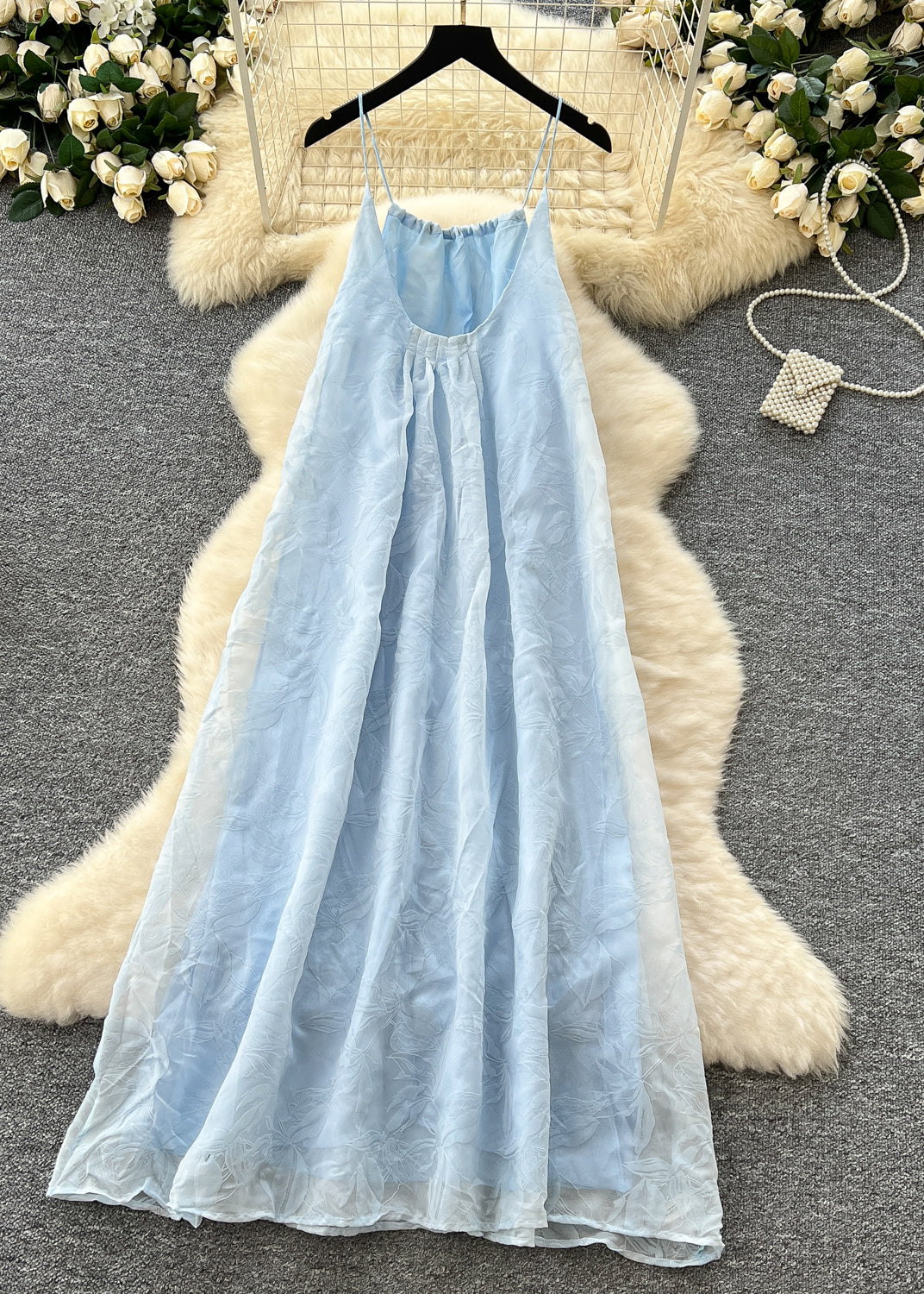 Sky Blue Jacquard Chiffon Spaghetti Strap Dress Summer