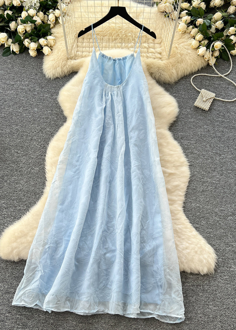 Sky Blue Jacquard Chiffon Spaghetti Strap Dress Summer