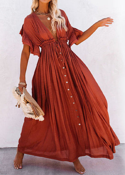 Loose Orange Ruffled Lace Up Patchwork Cotton Maxi Dress Summer