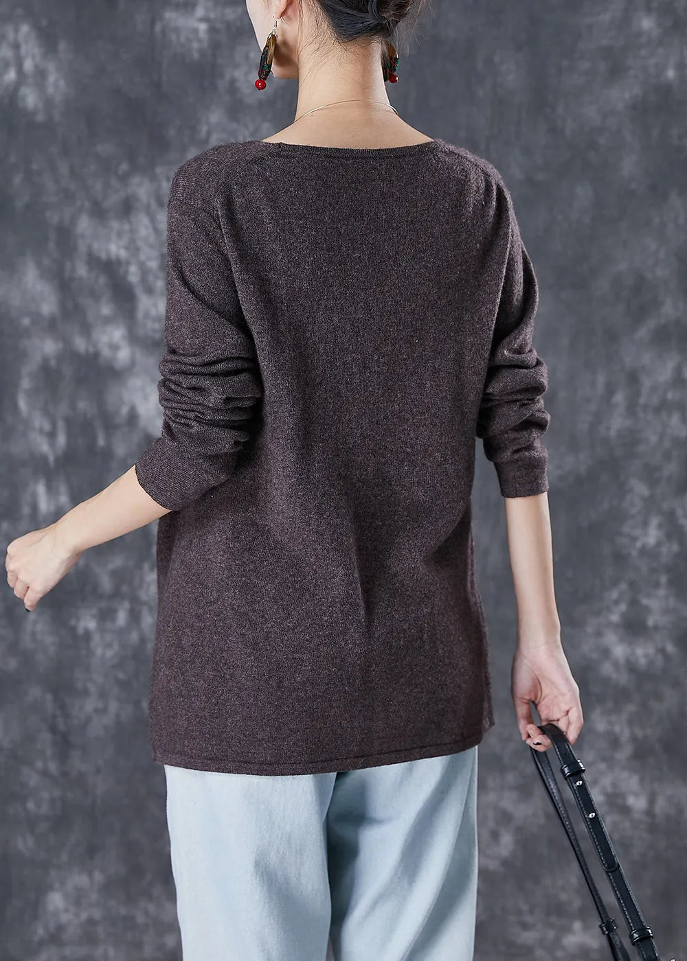 Chocolate Wool Knit Cardigan Embroideried Tie Waist Winter