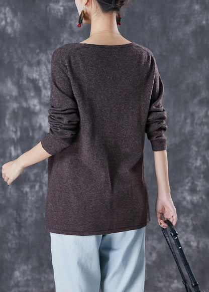 Chocolate Wool Knit Cardigan Embroideried Tie Waist Winter