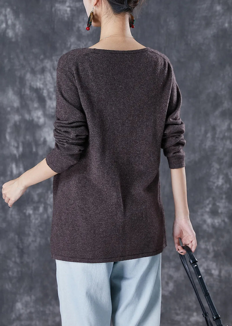 Chocolate Wool Knit Cardigan Embroideried Tie Waist Winter