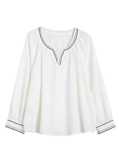 Unique White V Neck Embroidered Patchwork Shirts Fall