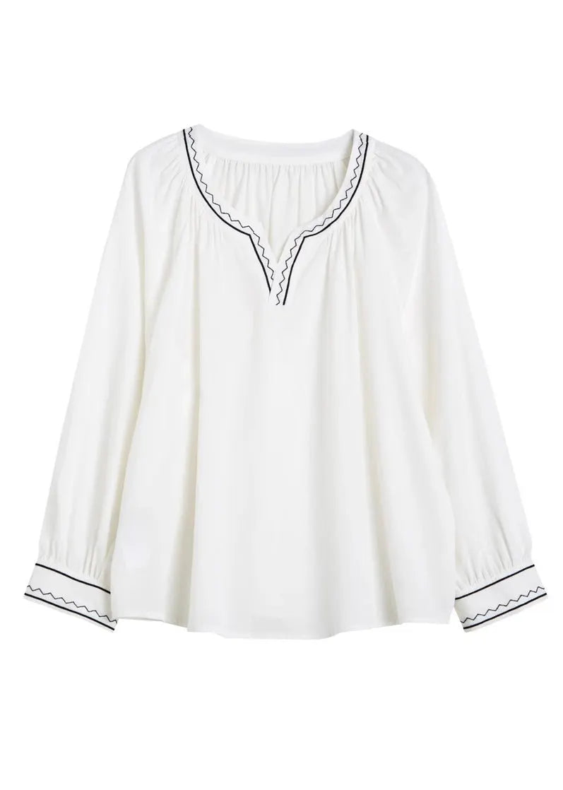 Unique White V Neck Embroidered Patchwork Shirts Fall