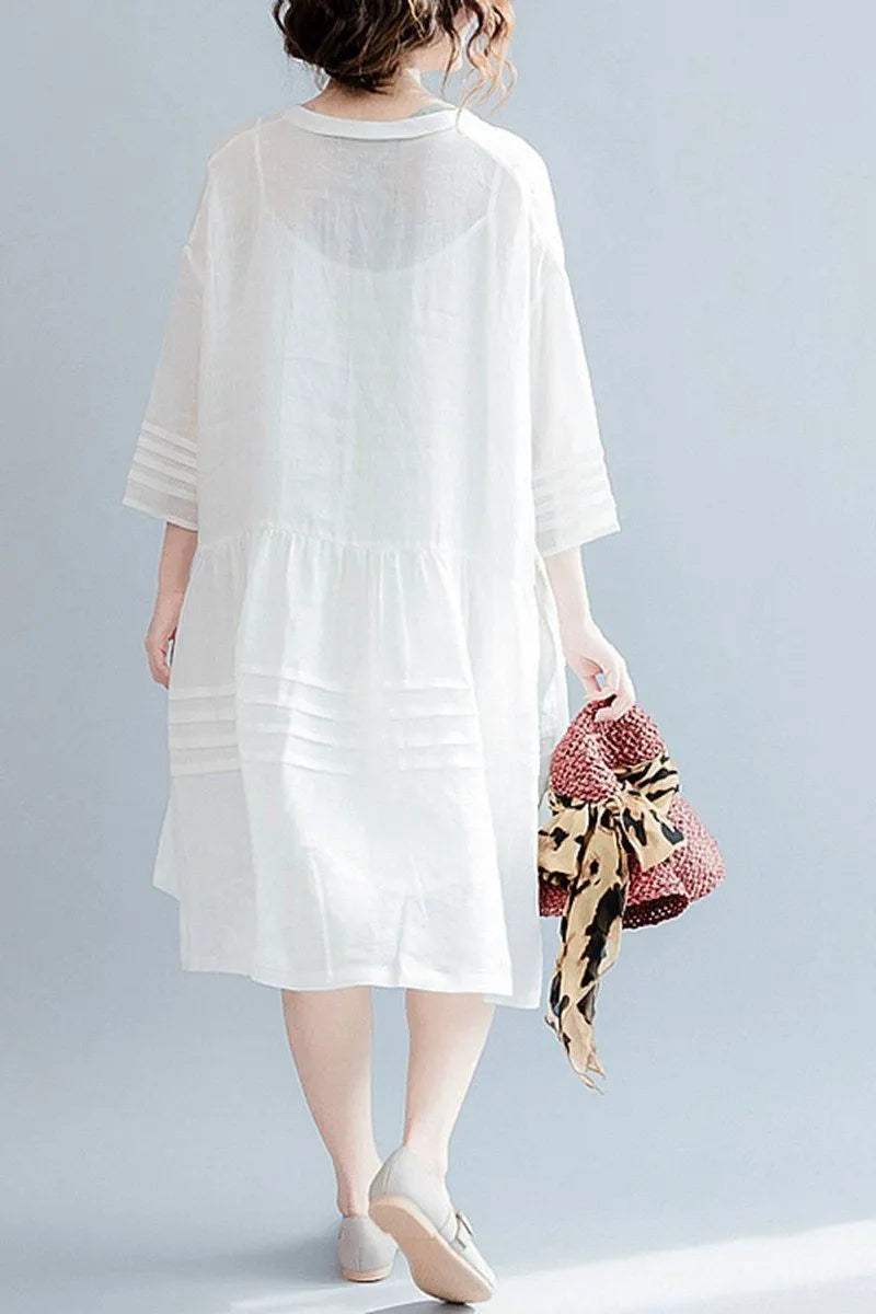 White Big Hem Linen Summer Shirt Dresses Clothing