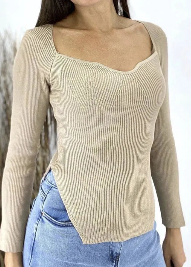French White Slash Neck Slim Fit Knit Blouse Tops Spring