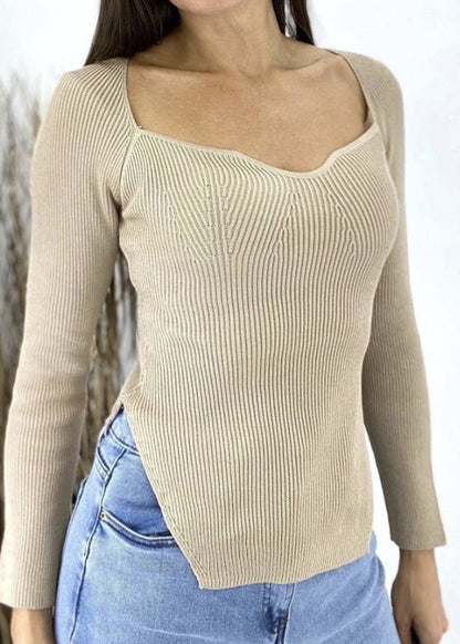 French White Slash Neck Slim Fit Knit Blouse Tops Spring