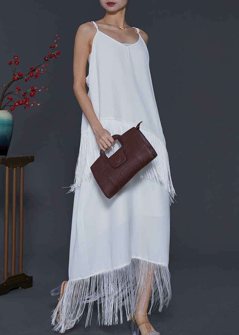 White Tasseled Chiffon Spaghetti Strap Dress Summer