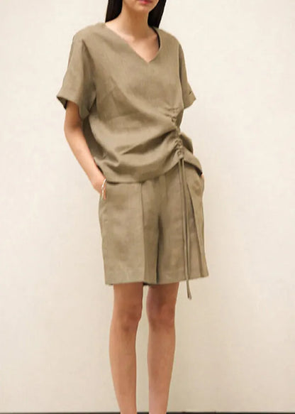 Loose Brown V Neck Drawstring Linen T Shirts Summer