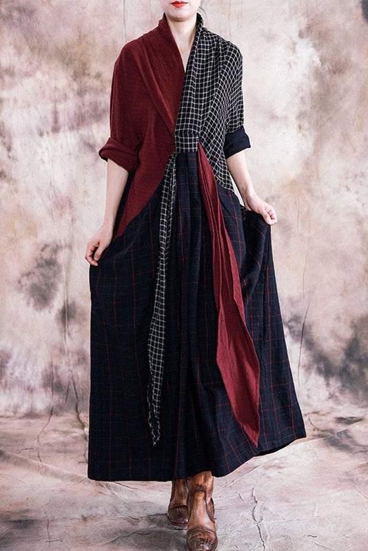 -fall Retro Cotton Linen Dress Stitching Robe Dress
