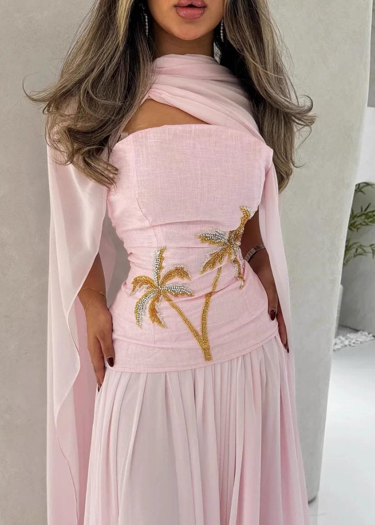 Pink Nail Bead Shawl Long Dress Batwin Sleeve