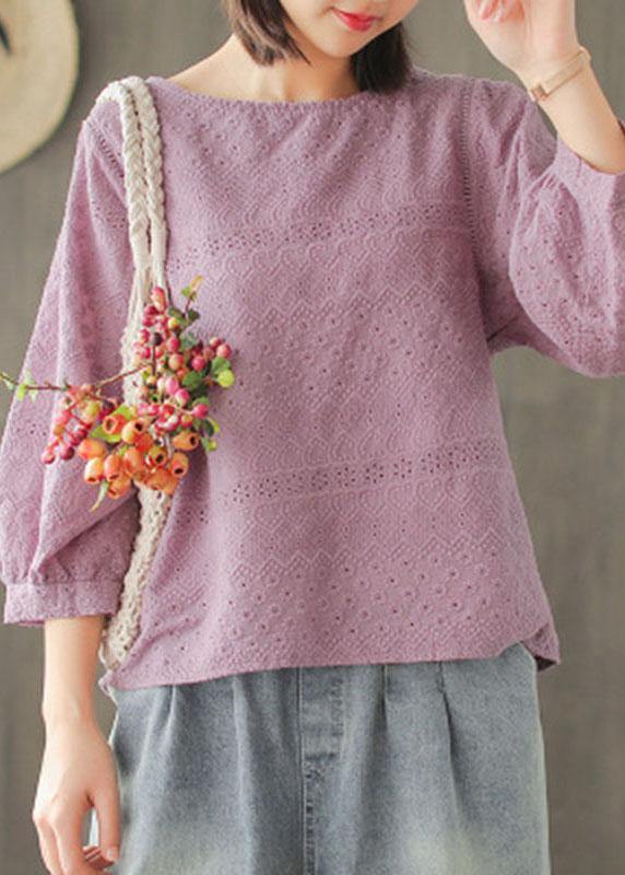 Purple Embroidered Lantern Sleeve Asymmetrical Design Cotton Blouse Top Summer