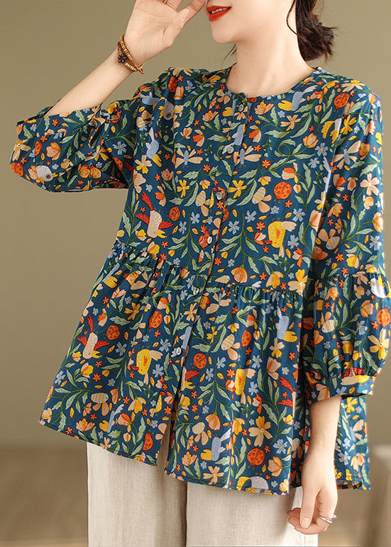 Diy Green Print Cotton a Line Shirt Tops Spring