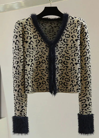 Leopard V Neck Print Patchwork Cotton Knit Sweater Winter