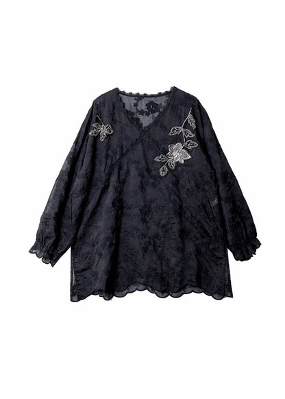 Stylish Black V Neck Embroidered Cotton Top Fall