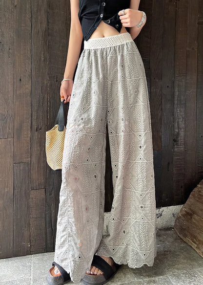 Grey Hollow Out Straight Pants Trousers Embroidered Summer
