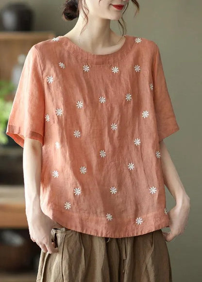 Unique Green Cashew Nuts O-neck Embroidered Summer Ramie Shirt Half Sleeve