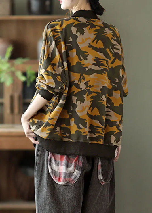 Yellow V Neck Pockets Button Print Fall Coats
