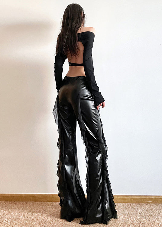 Original Black Tulle Ruffled Patchwork Faux Leather Flared Trousers Summer