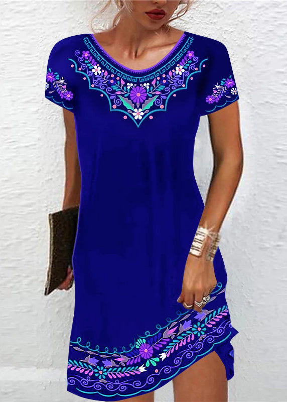 Purple O Neck Print Cotton Mid Dress Summer