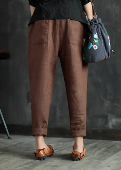 Coffee Elastic Waist Linen Crop Pants