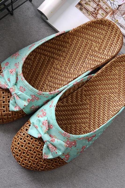 Bowknot Splicing Linen Slippers