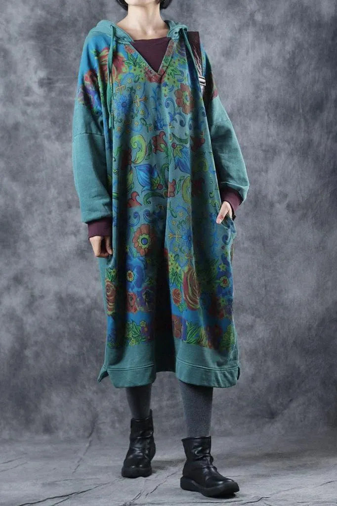 Loose Hoodie Print Long Fleece Dresses for