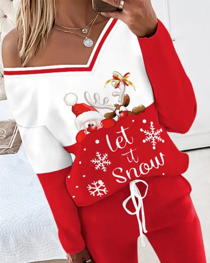 Casual Sport V-Neck Christmas Print