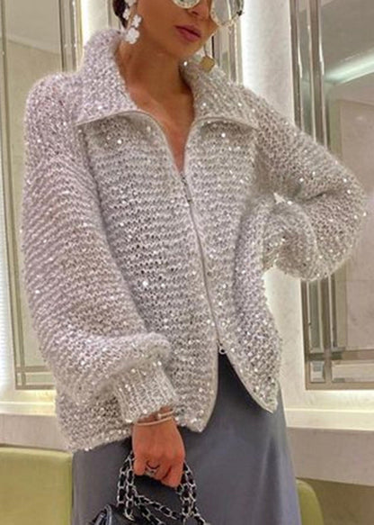 Light Camel Zip Up Sequins Knit Cardigan Spring