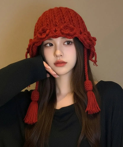 New Red Flower Warm Versatile Tassel Knitted Hat