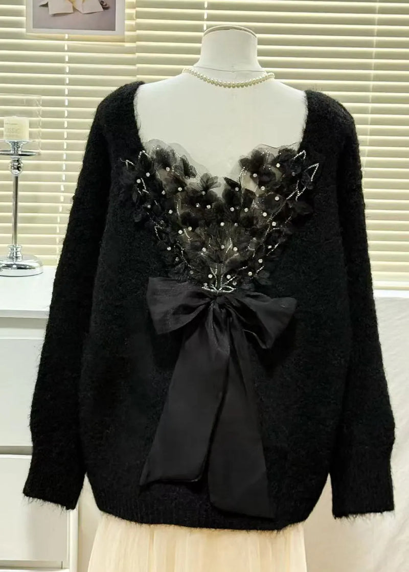 Italian Beige V Neck Patchwork Feather Bow Knitted Tops Winter