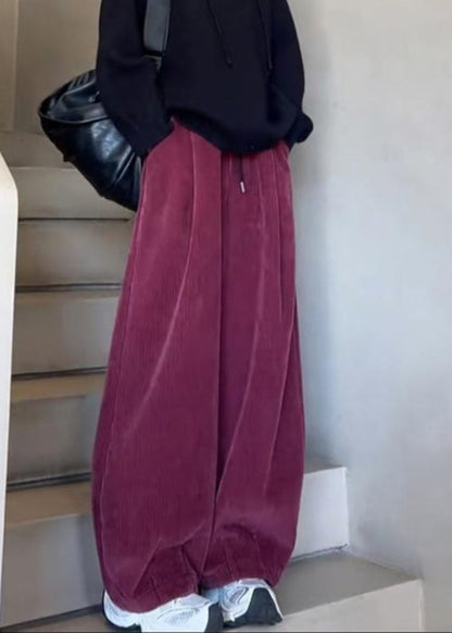 Orange Pockets Elastic Waist Corduroy Pants Spring