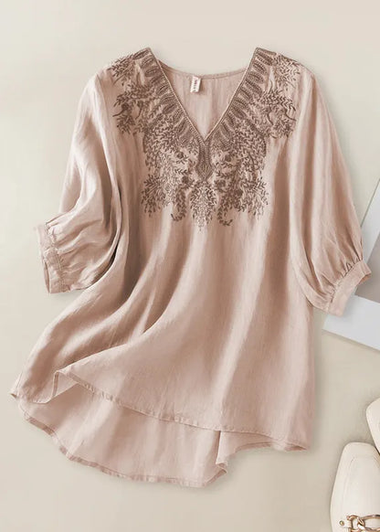 Diy Orange V Neck Embroidered Low High Design Linen Top Half Sleeve