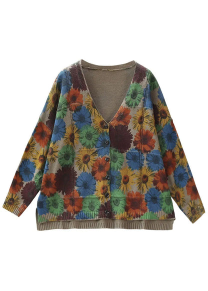 Khaki V Neck Print Knit Cardigan Spring