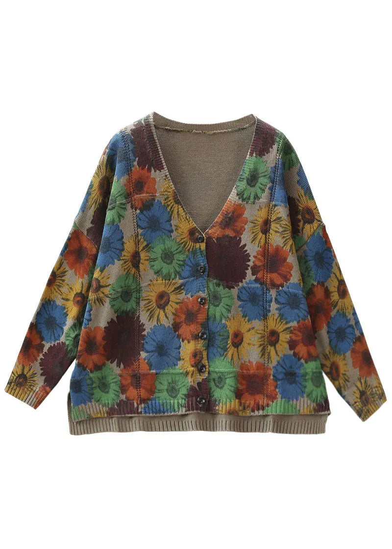Khaki V Neck Print Knit Cardigan Spring