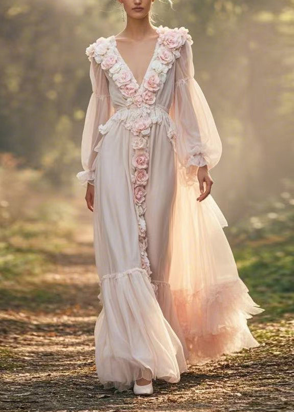 Style V Neck Decorated Wrinkled Patchwork Chiffon Dresses Spring