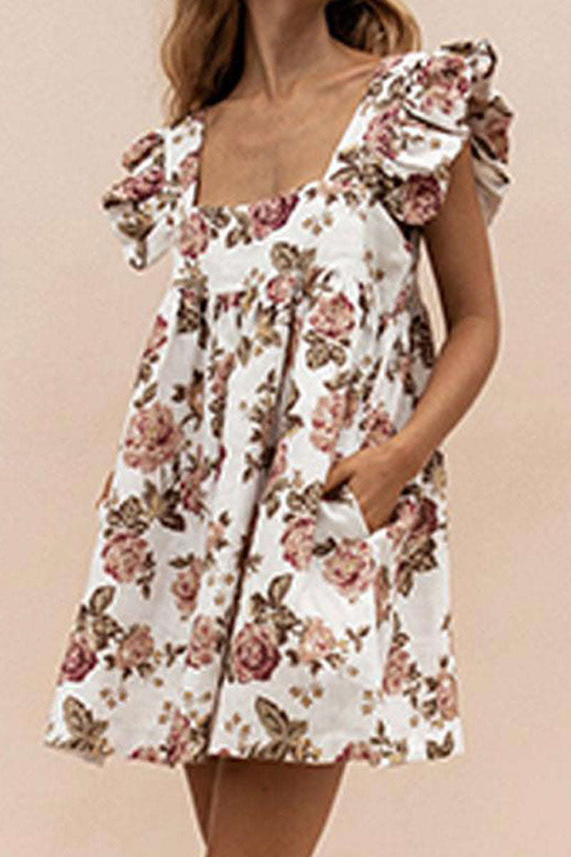 Print Patchwork Square Collar Princess Dresses