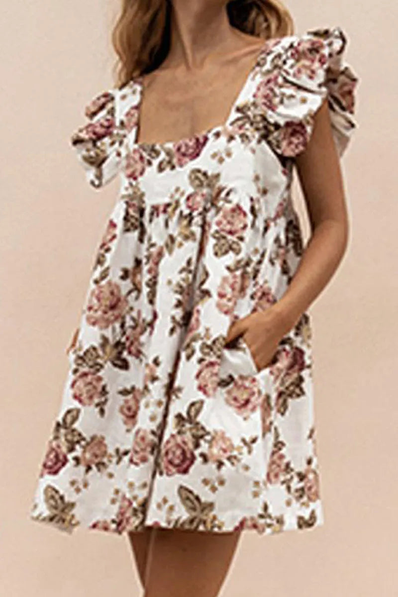 Print Patchwork Square Collar Princess Dresses