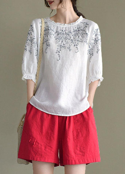 Simple White Loose O-neck Embroidered Summer Linen Blouse Top