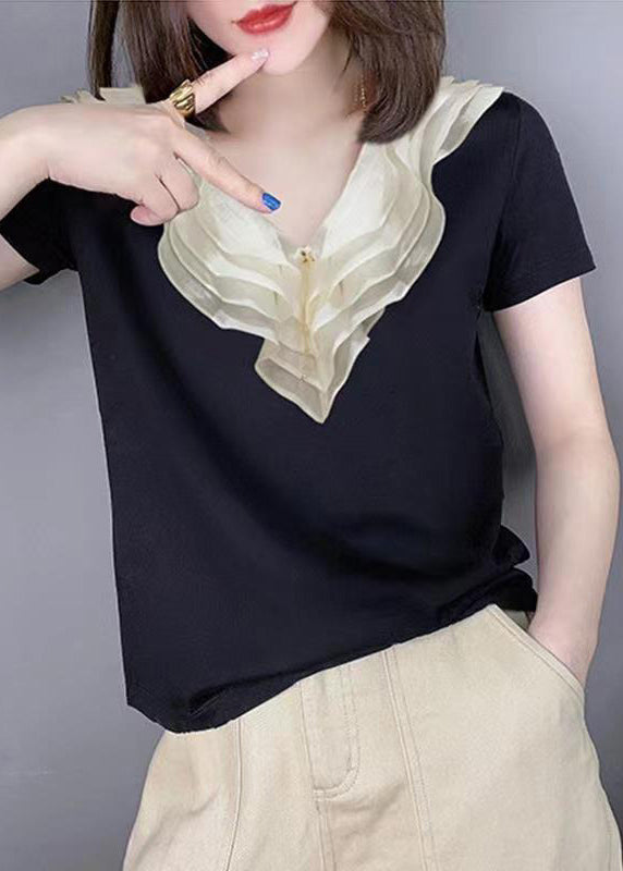 Style Black V Neck Ruffled Patchwork Silk Blouse Tops Summer