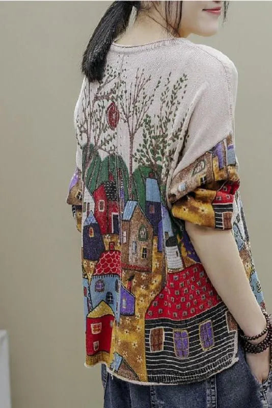 Split Hem Printed Half Sleeve Knitted T-shirt