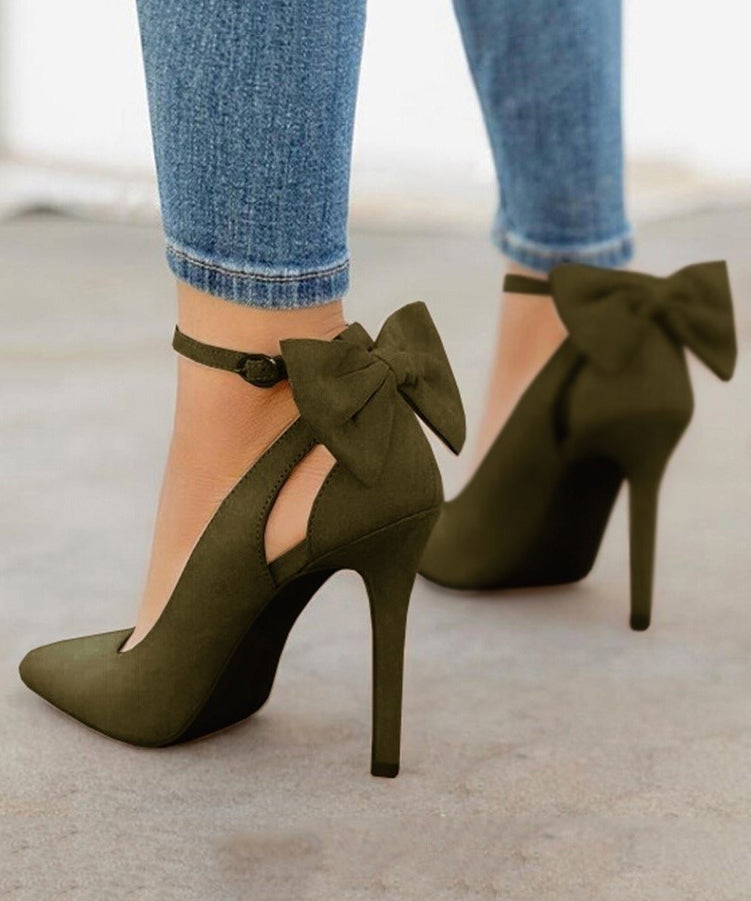 Classy Red Suede Bow Splicing High Heels Pointed Toe