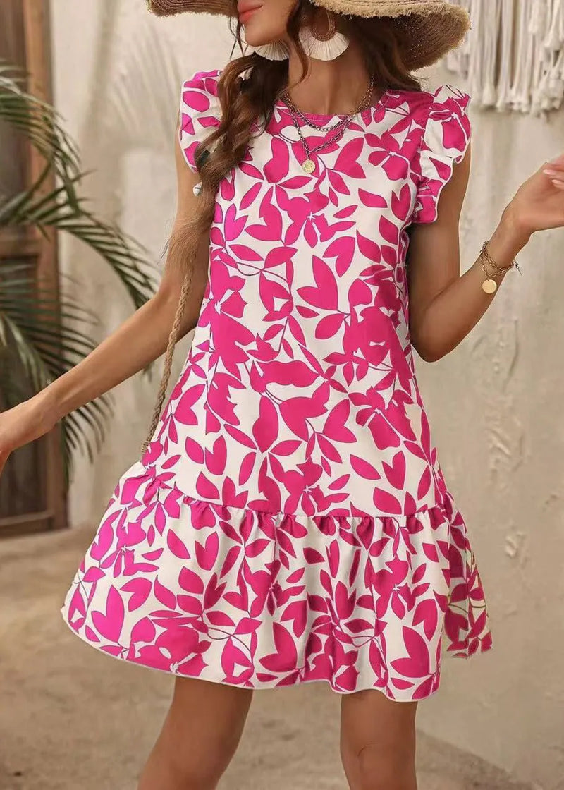 Rose O Neck Print Cotton Mid Dress Butterfly Sleeve