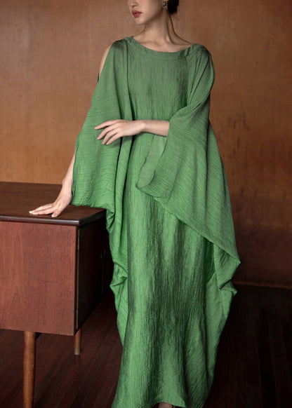 Green O Neck Cotton Long Dress Batwing Sleeve