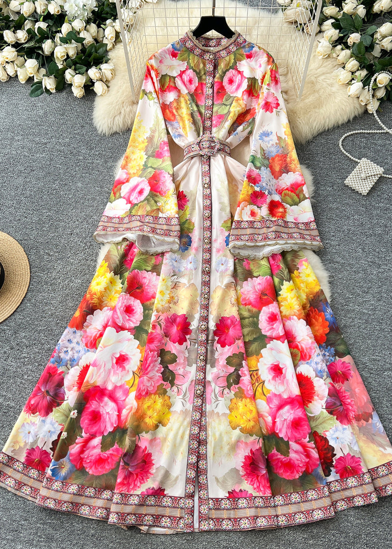 White Cinched Print Cotton Dresses Flare Sleeve