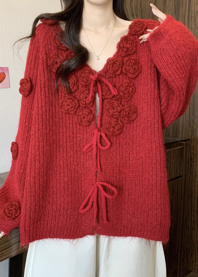 Red V Neck Lace Up Cotton Knit Cardigans Winter