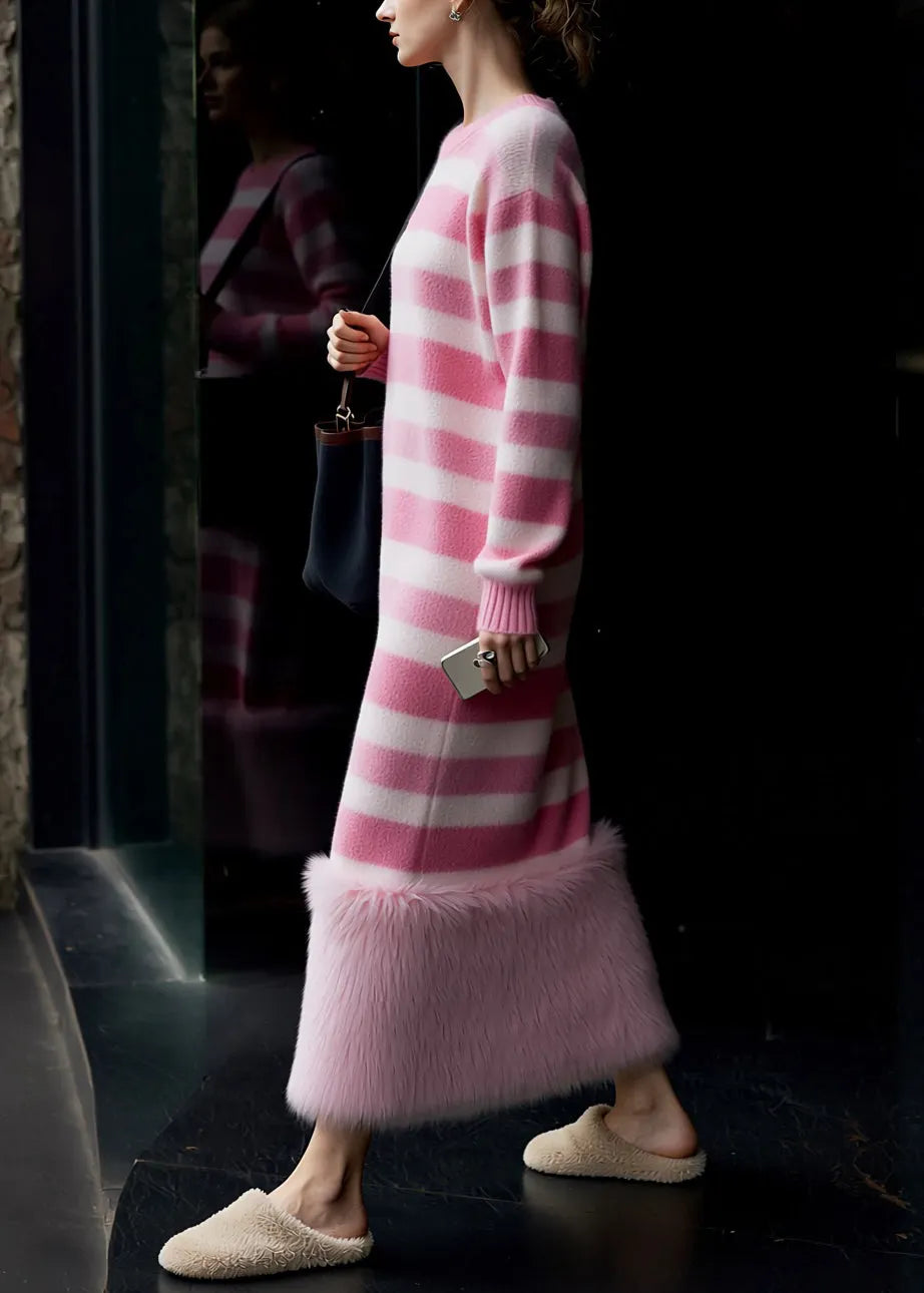 New Pink O Neck Striped Patchwork Knit Long Sweater Dress Spring