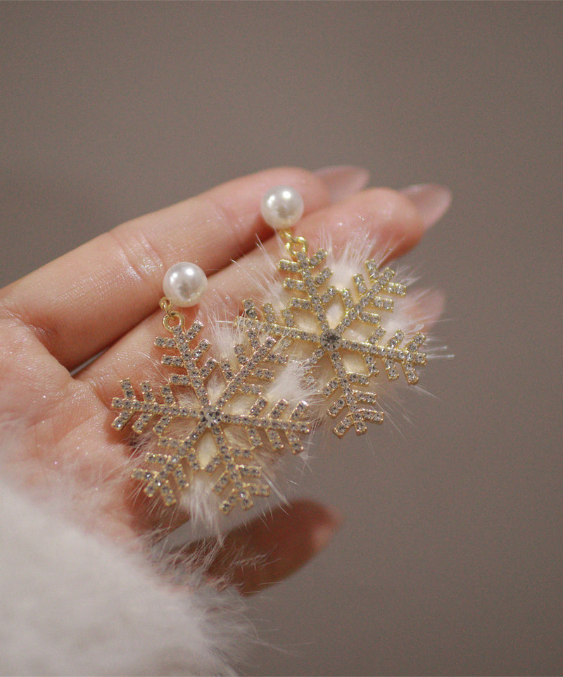 Gold Sterling Silver Mink Velvet Snowflake Drop Earrings
